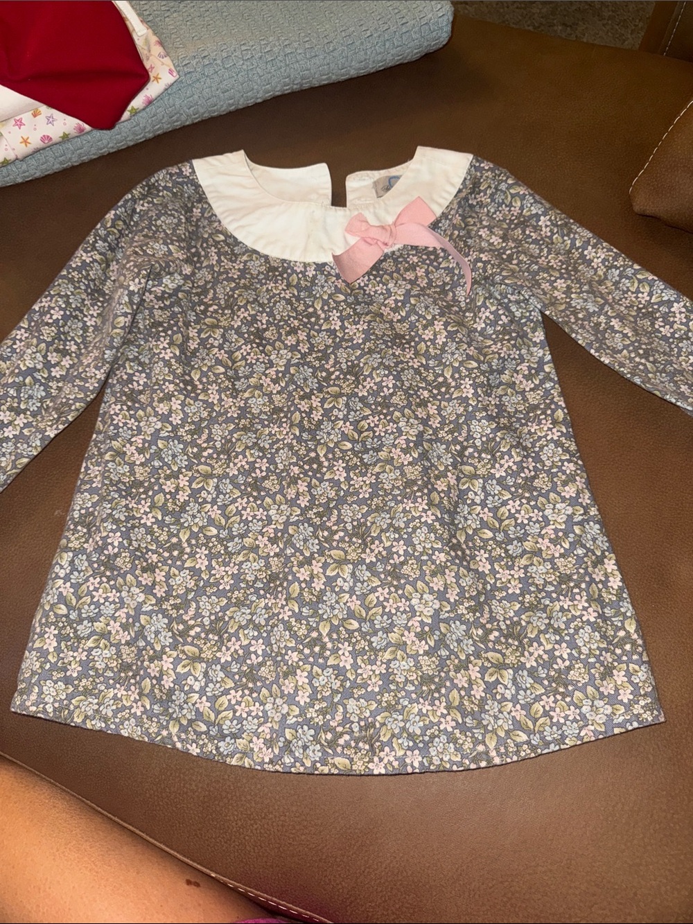 Girls Floral Long-Sleeve Dress Top Collar and Pink Bow Size 4